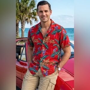 PARADISE FOUND Made In Hawaii JUNGLE BIRD Camp Shirt Mens L Magnum PI Selleck